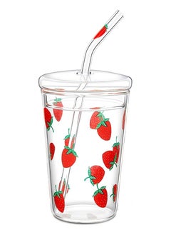 Buy Glass Water Cup, Milk Cup with Straw and Lids, Reusable Double-Wall Coffee Cup, Heat Resisting Cute Clear Milkshake Cup, for Juice Milk Hot Cold Water, Tea, Matcha, 300ml Travel Cup (Strawberry L) in Saudi Arabia