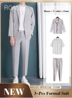 Buy 3 Pieces Leisure Suits for Men Notch Lapels Relaxed Fit Blazer T shirt and Pants Suit Light Mature Style Long Sleeve Business Casual Formal Clothes in Saudi Arabia