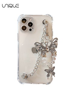 Buy Girls Women Beautiful Elegant Butterfly Transparent Soft Silicone Rubber Phone Case for iPhone 15 Pro Max +Metal Butterfly Strap Bracelet Chain Lanyard Full Body Strong Protection in UAE