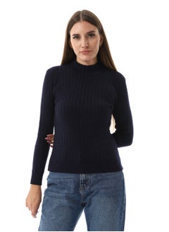 اشتري Navy Blue Wide Ribbed Mock Neck Top في مصر