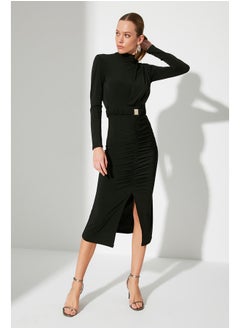 Buy Black Fitted/Sleeping High Neck Draped Elastic Knit Dress With Belt TWOAW22EL0434 in Egypt