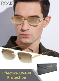 Buy Men's Rectangular Rimless Sunglasses, UV400 Protection Sun Glasses, Fashion Anti-Glare Sun Shades for Men Driving, Fishing, Traveling, Gold, 57mm in UAE