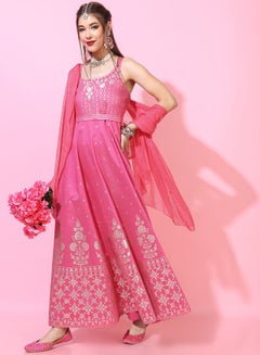 Buy Floral Foil Print Sleeveless Maxi Dress with Dupatta in Saudi Arabia