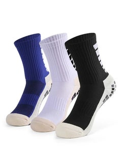 Buy 3 Pairs Men's Slip Football Socks Athletic Long Socks Absorbent Sports Grip Socks Black/Blue/White in Saudi Arabia