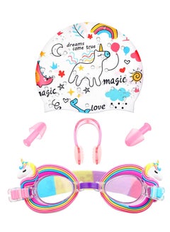 Buy Children's Swimming Set, 5 Sets of Children's Silicone Swimming Cap Swimming Goggles Glasses Nose Clip Ear Plugs Cartoon Pink Girls Underwater Glasses Goggles for Children Age 3-12 Years in UAE