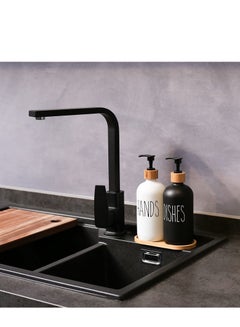 Buy 2-Piece 500ML Soap Dispenser Set Black and White Soap Dish With Bamboo Tray For Kitchen Sink And Bathroom in Saudi Arabia