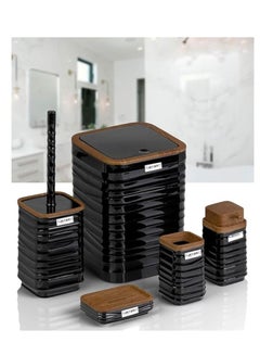 Buy Luna square 5 pcs bathroom set (soap dish soap dispenser trash can toilet brush & holder toothbrush holder) wooden lid (black) in Egypt