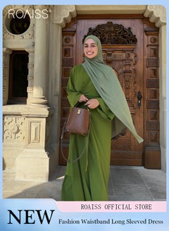 Buy Women's Chiffon Muslim Dress Fashionable Loose Fitting Long Sleeved Banquet Dress Temperament Versatile Waist Tightening A-Line Dress in Saudi Arabia