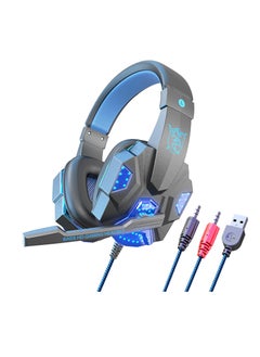 Buy Wired Headset with Soft Earmuffs,Gaming Headphones with Noise Cancelling Mic LED Light, Stereo Surround, Black and Blue, PC and Glow in UAE