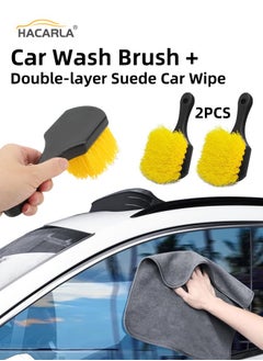 Buy 1 Pcs Microfiber Car Drying Towels Cleaning Cloth Double-Sided Velvet Water Absorption Soft  And 2 Pcs Wheel Tire Brush Car Rim Cleaner Kit for Auto Motorcycles Bicycles in UAE