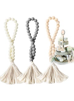 اشتري 3 Pcs Classic Wood Beads Tassel, 27 Inch Wood Bead Farmhouse Rustic Beads with Jute Rope Plaid Tassel Natural Wood Beads for Morden Farmhouse Boho Decor, Big Wall Hanging Decor في السعودية