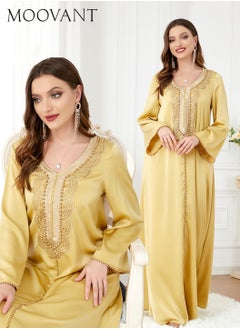 Buy Women Luxury V-neck Textured Bead Robe Maxi Dresses Exclusive Styles Modern Stylish Abaya Middle East Arabic Banquet Wedding Party Dress Fashion Women's Festival Clothing Yellow in Saudi Arabia