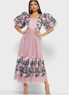 Buy Floral Applique Pleated Dress in UAE