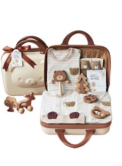 Buy Baby Giftset for Newborn with Rompers and Wooden toys in lovely Suitcase in Bear theme for Girls and Boys in UAE