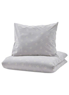 Buy Duvet Cover And Pillowcase Floral Pattern Grey And White 150X200 And 50X80 Cm in Saudi Arabia