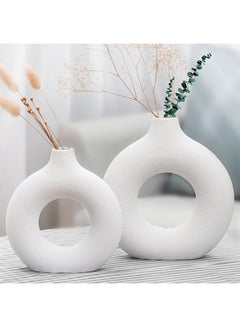 Buy Ceramic hollow donut vase set of 2,off white vases for decor nordic minimalism style decor for wedding dinner table party living room office bedroom in Saudi Arabia
