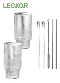 اشتري 2Pcs Clear Glass Coffee Cups with Spoon, Straw and Cleaning Brush في السعودية