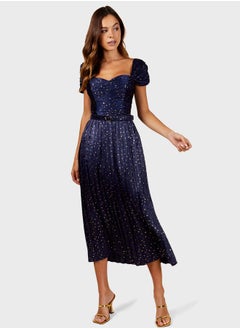 Buy Foil Print Polka Pleated Midi Dress in Saudi Arabia