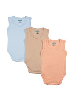 Buy 100% Super Combed Cotton,Sleeveless Romper/Bodysuit, For New Born To 24Months, Set Of 3 - Blue, Brown, Orange in UAE