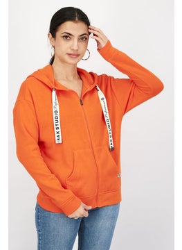 اشتري Women Hood With Drawstring Plain Full Zip Sweatshirt, Orange في السعودية