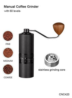 اشتري High Quality Portable Manual Coffee Grinder 7 Star Stainless Core with 60 Levels of Grinding Fineness External Adjustment from Espresso to Pour-Over Coffee Walnut knot Beaded Handle 45g Capacity Black في السعودية