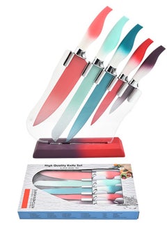 Buy Premium Six-Piece Stainless Steel Colored Knife Set with Gradient Seahorse and Ergonomic Rubber/Plastic Handles, Complete with Stylish Knife Base - Enhance Your Culinary Experience in UAE