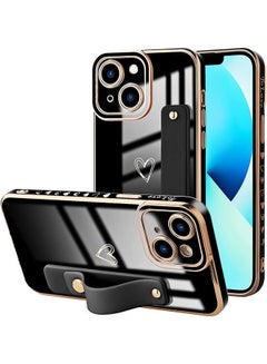 Buy Compatible for iPhone 13 Case with Strap Luxury Love Heart Plating Gold Bumper Phone Cover Adjustable Hand Strap Stand Holder, Full Body Protective Shockproof Cases for Women - Black in UAE