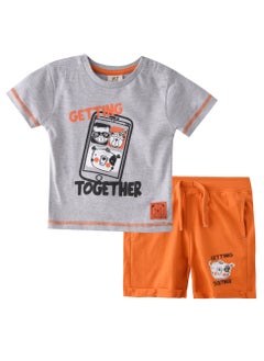 Buy Baby Boys 2 piece Set - T-Shirts & Shorts - Grey and Orange (100% Cotton)- VJ in UAE