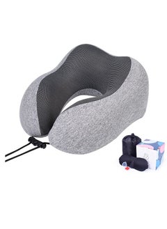 اشتري Luxury Memory Foam Travel Pillow with Ear Plugs Eye Mask and Mesh Bag Light Grey 28x27x14cm في الامارات