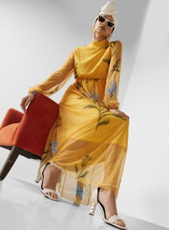 Buy High Neck Puff Sleeve Printed Dress in Saudi Arabia