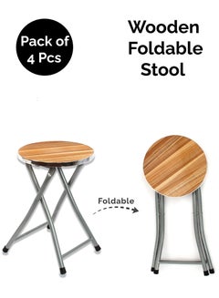 Buy Pack of 4 Pcs Portable Round Folding Table Foldable Furniture Stool Chair Lightweight Wooden Stool Seating Top For Home Indoor Outdoor Picnic Bar Seat With Metal Frame in UAE