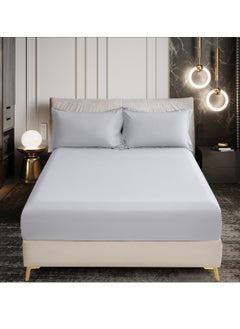 Buy Bedding Fitted Sheet 3-Pcs King Size Solid Bed Sheet Set Fits(180x200CM) With Pillowcases And 35 CM Extra Deep Brushed Microfiber Bed Sheet,Light Grey in UAE