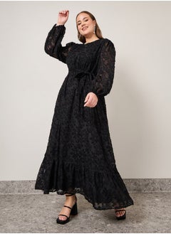 Buy Textured Georgette Maxi Dress with Self Tie in Saudi Arabia