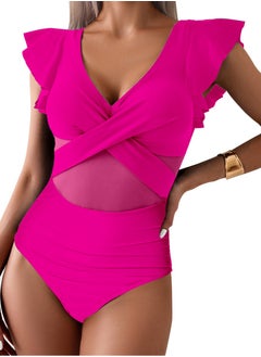 Buy Women's Solid Color One Piece Swimsuit Ruffled Sleeves V-Neck Bathing Suits Rose Pink in Saudi Arabia