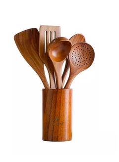 Buy Wooden Kitchen Cooking Utensils 6 PCS Teak Wooden Spoons and Spatula for Cooking Sleek and Non-stick Cookware in UAE