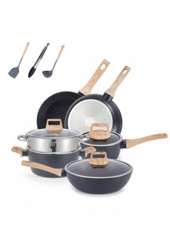 Buy Granite Medical Stone 12-piece Set Non-stick Cookware Set Pan Frying Pan, With Stainless Steel Lids, PFOA Free ,LEAD Free ,CADMIUM Free - Black in Saudi Arabia