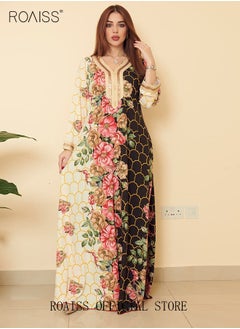 Buy Ramadan Women Muslim Dress V-Collor Embroidery Evening Party Gown Bell Sleeve Long Dresses Party Robe Women Floral Embroidery Islamic Dresses in UAE