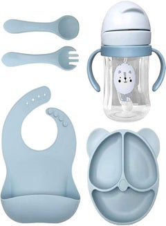 Buy Premium Silicone Baby Feeding Set Toddler Divider Plate Suction Bowl BPA Free Tableware Adjustable Soft Bib & Utensils in UAE