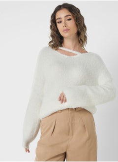 Buy V-Neck Cutout Fluffy Sweater in UAE