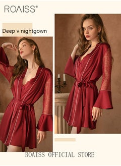 Buy 2-Piece Set of Women Pajamas with V-Neck Design Women Home Wear Set Same Color Outer Robe and Lace Element Nightgown in Saudi Arabia