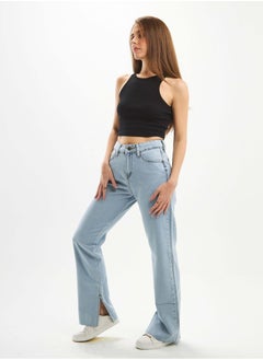 Buy High-Waist Light Wash Split Hem Straight Leg Jeans. in Saudi Arabia