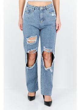 Buy Women Straight Leg Ripped Non Stretchable Jeans, Blue Wash in UAE