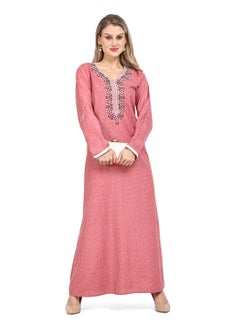 Buy SMALL PRINT WITH NECK EMBROIDERY DUTY PINK COLOUR CASUAL ARABIC KAFTAN JALABIYA DRESS in UAE