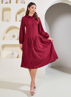 Buy Textured Pleated Detail Collared Midi Dress in Saudi Arabia