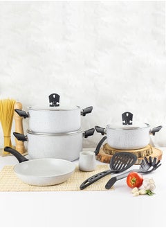 اشتري 10-Piece Cookware Set Non-Stick Aluminum With Stainless Steel Lid & Heat Resistant Handle Size 20,24,24,26CM Ivory في السعودية