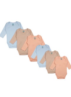 Buy BabiesBasic 100% Super Combed Cotton, Long Sleeves Romper/Bodysuit, for New Born to 24months. Set of 6 - Blue, Orange, Brown in UAE