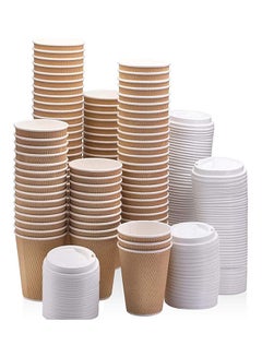Buy Pack OF 50 Hot Beverage Corrugated Paper Disposable Ripple Insulated Coffee Cups With Lid 12 Ounce in UAE