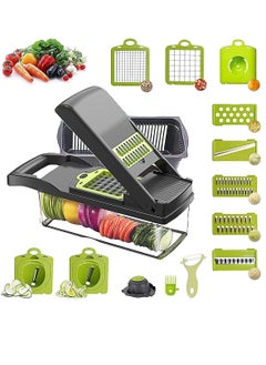 Buy Vegetable Chopper Onion Chopper Pro Spiralizer Multifunctional 15 in 1 Chopper, Kitchen Mandoline Slicer Veggie Cutter With 10 Blades, Potato Tomato Garlic Salad Chopper with Container. in UAE