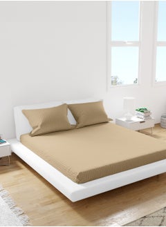 Buy King Striped Fitted Sheet with 2 Pillow Case 200 x 200 Cm Beige in UAE