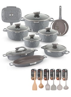 Buy 23Pcs Granite Coated Healthy Cookware Set - Die Cast Aluminum Cooking Casserrole Set Inclued Sauce & Stock Dutch Oven, Frying Pan, Saute Pan, Double Grill Pan and Double Fish Pan in UAE